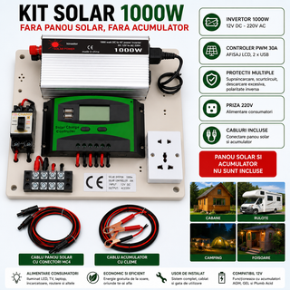 Mini Kit fotovoltaic 1000W invertor si controler PWM 30A cabluri incluse