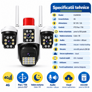 Camera de supraveghere exterior PTZ 4G, 4 lentile, detectie si urmarire miscare, alarma, vedere nocturna color, audio bidirectional