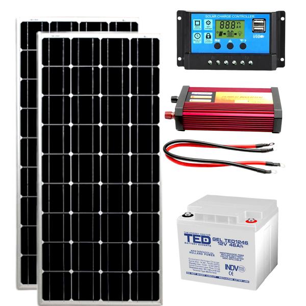 Kit fotovoltaic 2 panouri 170w Controller 60A Invertor 1000w acumulator 46Ah