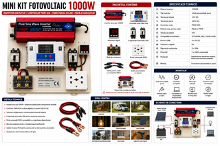 Mini Kit fotovoltaic 1000W invertor Sinus Pur si controler PWM 30A cabluri incluse