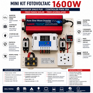 Mini Kit fotovoltaic 1600W invertor Sinus Pur si controler PWM 30A cabluri incluse