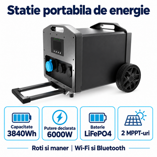 Statie portabila de energie 3840Wh LiFePO4, 6000W, 230V, 2 MPPT, Wi-Fi, cu roti si maner