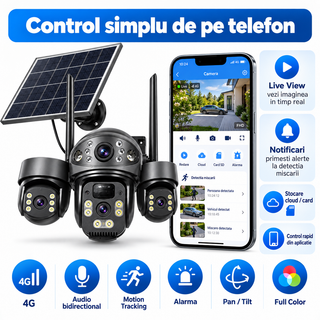 Camera de supraveghere solara 4G, 4 lentile baterie 10400mAh, panou solar 8W, detectie persoane si vehicule