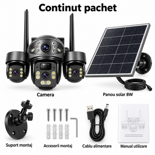 Camera de supraveghere solara 4G, 4 lentile baterie 10400mAh, panou solar 8W, detectie persoane si vehicule