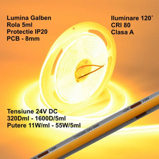 Banda LED COB 24V 8mm 320 LED/m Galben 5m