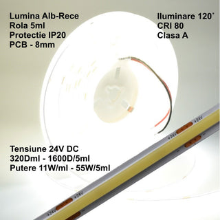 Banda LED COB 24V 8mm 320 LED/m Alb Rece 5m