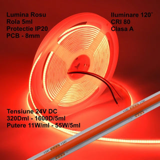Banda LED COB 24V 8mm 320 LED/m Rosu 5m