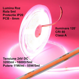 Banda LED COB 24V 8mm 320 LED/m Roz 5m
