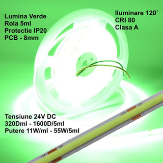 Banda LED COB 24V 8mm 320 LED/m Verde 5m