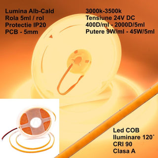 Banda LED COB 24V 5mm 400 LED/m ALb Cald 5m