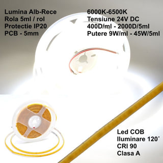 Banda LED COB 24V 5mm 400 LED/m ALb Rece 5m
