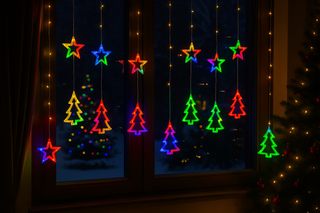 Instalatie Craciun Tip Perdea cu Stele si Brazi Luminosi, 3M, RGB, 8 Jocuri de Lumini Interconectabila