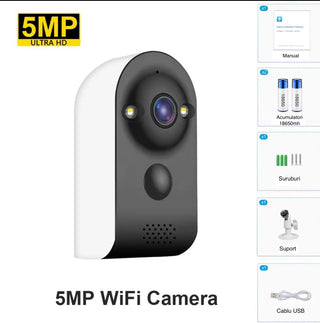 Camera Supraveghere Exterior 5 MP cu Iluminare Nocturna, Senzor PIR, Acumulator 4000 mAh