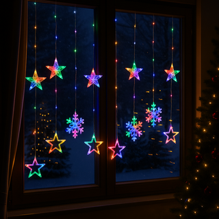 Instalatie Craciun perdea LED cu stelute si fulgi figurine RGB Interconectabila