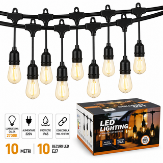 Ghirlanda luminoasa 10 metri cu 20 becuri LED E27, lumina calda, alimentare 220V, IP65