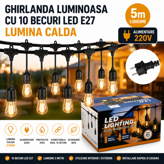 Ghirlanda luminoasa 5 metri cu 10 becuri LED E27, lumina calda, alimentare 220V, IP65