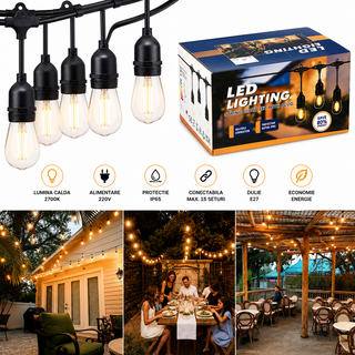 Ghirlanda luminoasa 5 metri cu 10 becuri LED E27, lumina calda, alimentare 220V, IP65