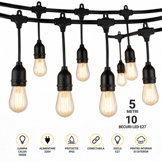 Ghirlanda luminoasa 5 metri cu 10 becuri LED E27, lumina calda, alimentare 220V, IP65