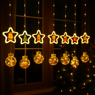 Instalatie Craciun perdea LED cu globuri si stelute, figurine alb cald Interconectabila