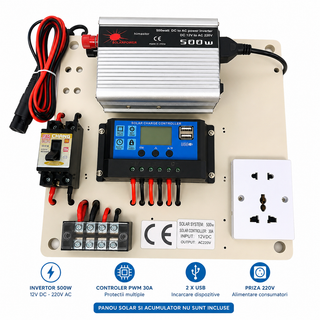 Mini Kit fotovoltaic 500W invertor si controler PWM 30A cabluri incluse