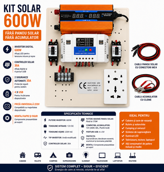 Mini Kit fotovoltaic 600W invertor si controler PWM 30A cabluri incluse
