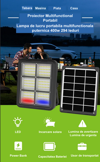 Proiector Solar de lucru 400w mutifunctional portabil kit de urgenta cu 6 celule 294 leduri