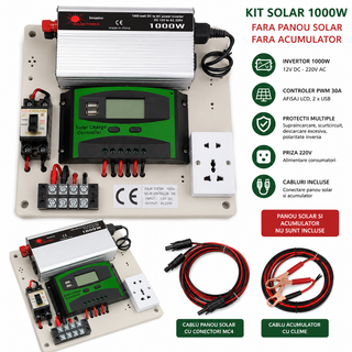 Mini Kit fotovoltaic 1000W invertor si controler PWM 30A cabluri incluse