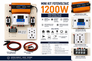 Mini Kit fotovoltaic 1200W invertor si controler PWM 30A cabluri incluse