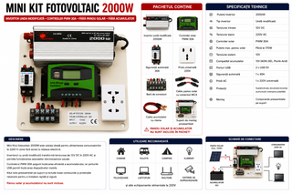 Mini Kit fotovoltaic 2000W invertor si controler PWM 30A cabluri incluse