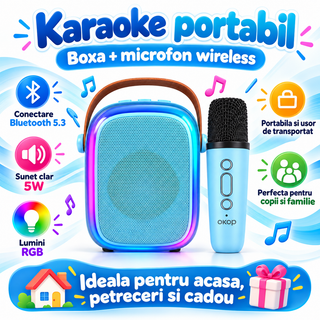 Mini boxa portabila Karaoke cu microfon wireless, Bluetooth 5.3, 5W, baterie 1200mAh, lumini RGB
