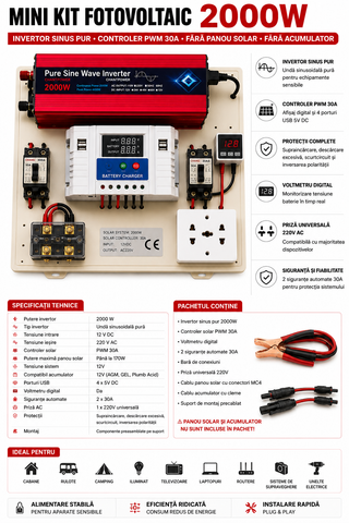 Mini Kit fotovoltaic 2000W invertor Sinus Pur si controler PWM 30A cabluri incluse
