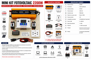Mini Kit fotovoltaic 2200W invertor si controler PWM 30A cabluri incluse