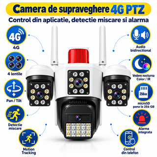 Camera de supraveghere exterior PTZ 4G, 4 lentile, detectie si urmarire miscare, alarma, vedere nocturna color, audio bidirectional