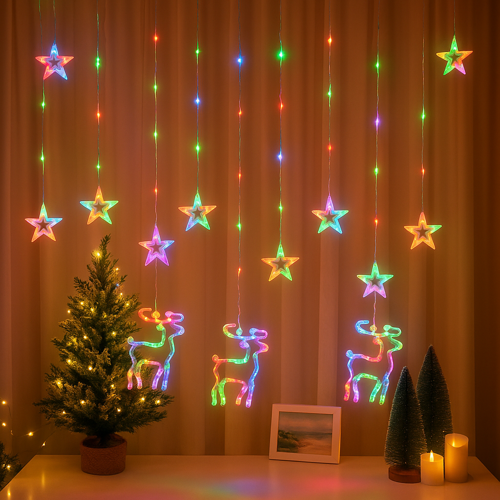 Instalație luminoasă LED cu reni și steluțe, 4 m – prezentare