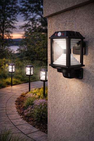 Set 4 lampi solare exterior cu senzor de miscare pentru gradina si alei