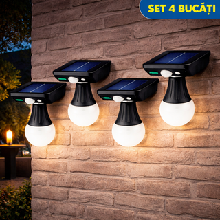 Set 4 x Bec solar pentru terasa montare perete 3 moduri iluminare
