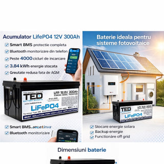Acumulator LiFePO4 12V 300Ah cu Smart BMS si Bluetooth