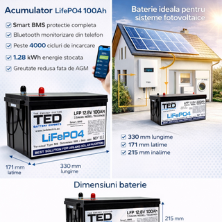 Acumulator LiFePO4 12V 100Ah cu Smart BMS si Bluetooth