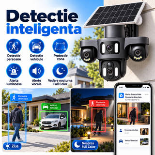 Camera de supraveghere solara 4G, 4 lentile, AI, detectie persoane si vehicule, vedere nocturna color
