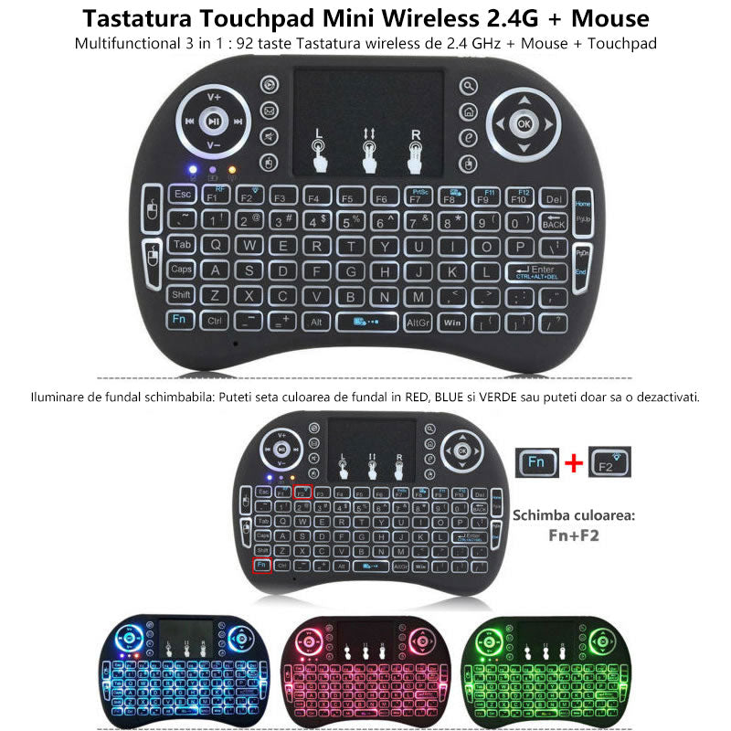 Mini Tastatura Wireless 2.4 GHz 7 culori baterie cu litiu pentru PC Pad Cutie TV PS3