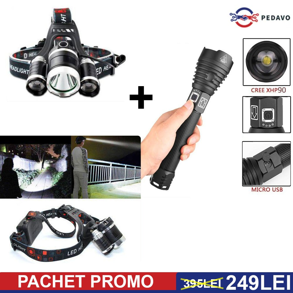 SET Lanterna Frontala De Cap 3 x T6 LED + Lanterna Profesionala cu LED CREE P90