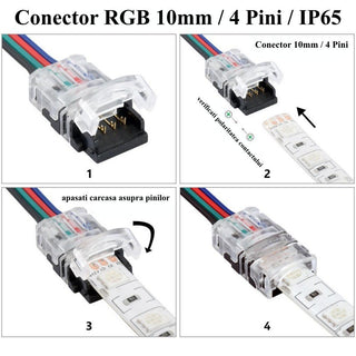 Conector pentru banda led RGB cu 4 pini - 4 fire de 10mm IP65