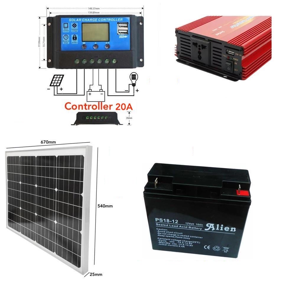 Kit solar cu panou fotovoltaic, 500W-invertor 12V-220V, Controler 20A, Acumulator 17Ah, Panou 50W
