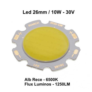 Dioda led COB 10W 30V lumina rece dimensiune 26mm