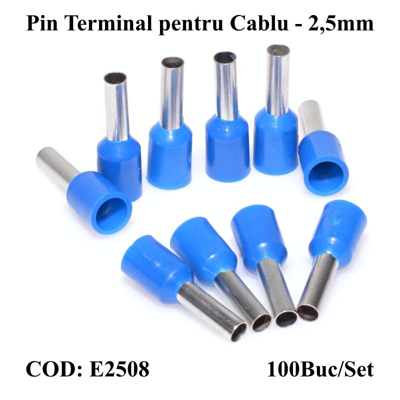 Pin terminali de cablu E2508 albastru set 100buc