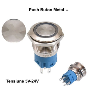 Buton metalic push led albastru 19mm 5-24V(-)