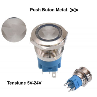 Buton metalic push led albastru 19mm 5-24V(UP)